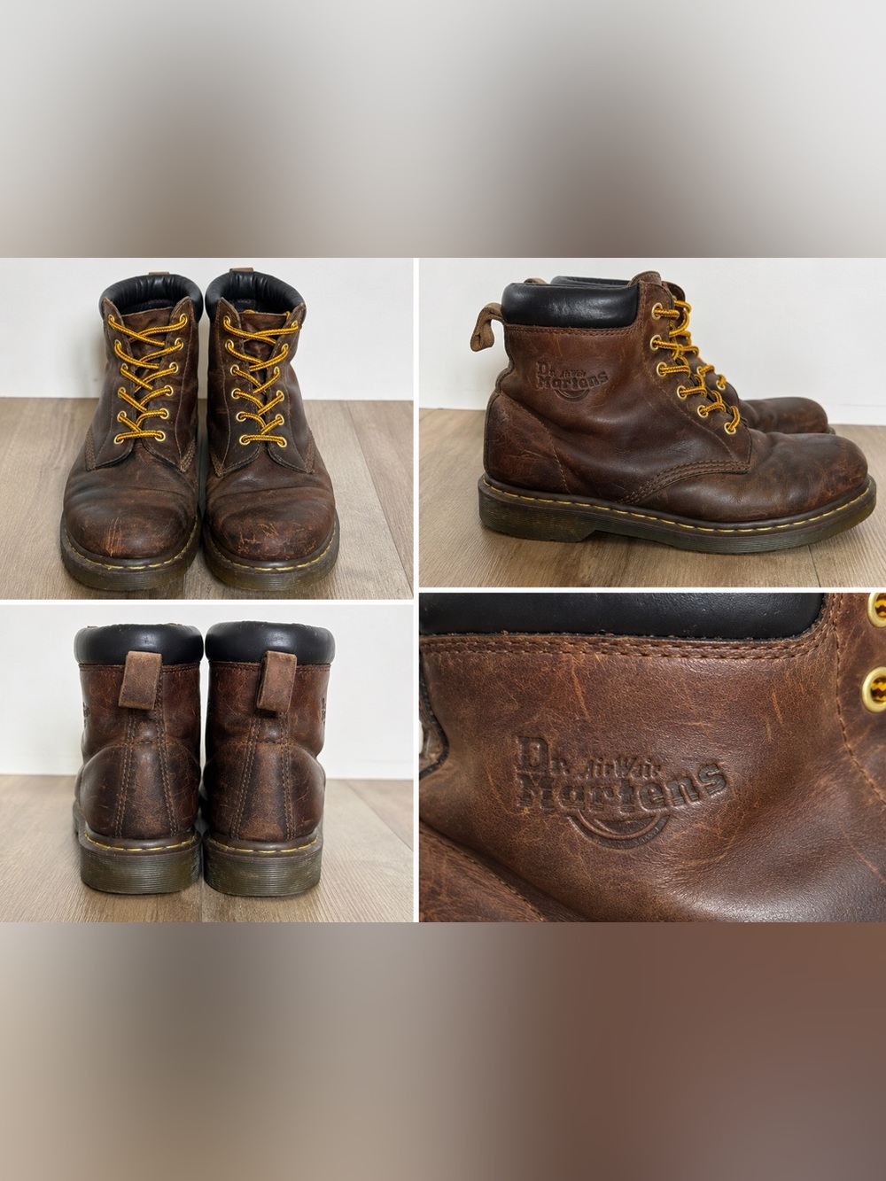 Dr. Martens Brown Leather 6 Eye Boots Distressed Grunge Y2K Workwear SZ 11